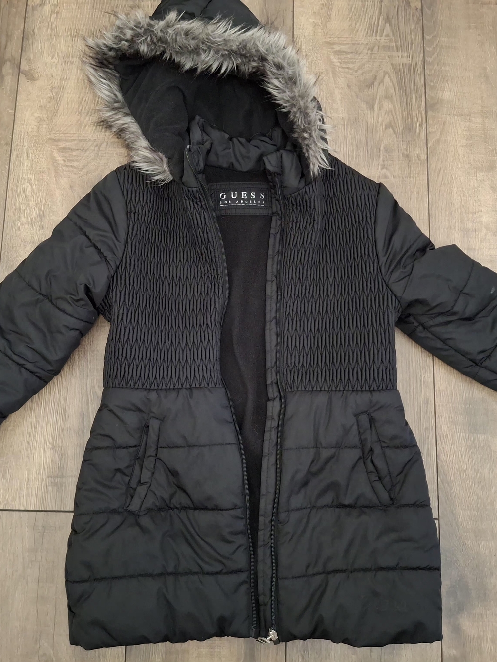 GUESS Black Quilted Hooded Puffer Coat with Faux Fur Trim